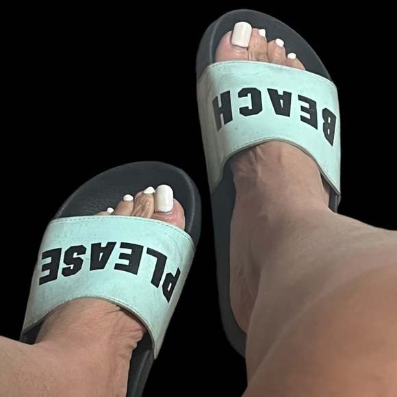 VICTORIA'S SECRET PINK "Beach Please" Single Strap Slides Sz M 7-8 Green & Black - Picture 3 of 7